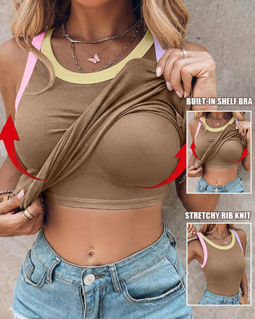 Women's Contrast Binding Tank Top Ribbed Knit Sleeveless Scoop Neck Slim Fit Camisole Top with Built-in Bra