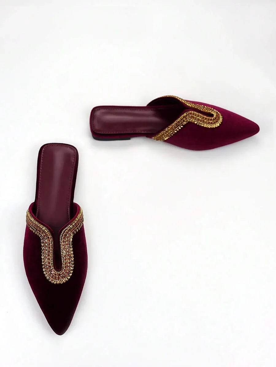 2026 Luxury Rhinestone Embellished Women's Ballet Flats, Velvet Pointed Toe U-Shaped Upper Flat Slippers, Stylish and Comfortable, Suitable for Everyday Wear and Parties.