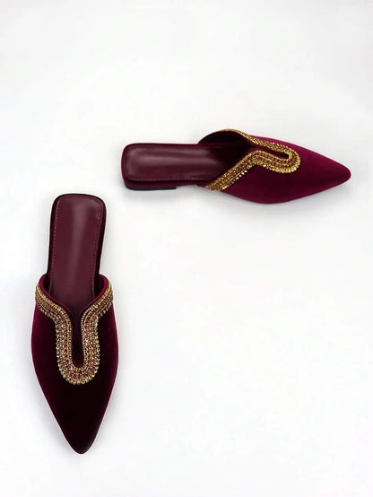 2026 Luxury Rhinestone Embellished Women's Ballet Flats, Velvet Pointed Toe U-Shaped Upper Flat Slippers, Stylish and Comfortable, Suitable for Everyday Wear and Parties.