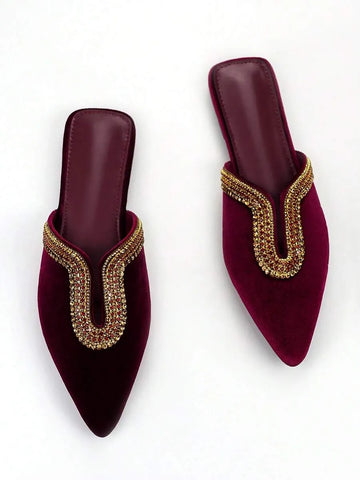 2026 Luxury Rhinestone Embellished Women's Ballet Flats, Velvet Pointed Toe U-Shaped Upper Flat Slippers, Stylish and Comfortable, Suitable for Everyday Wear and Parties.